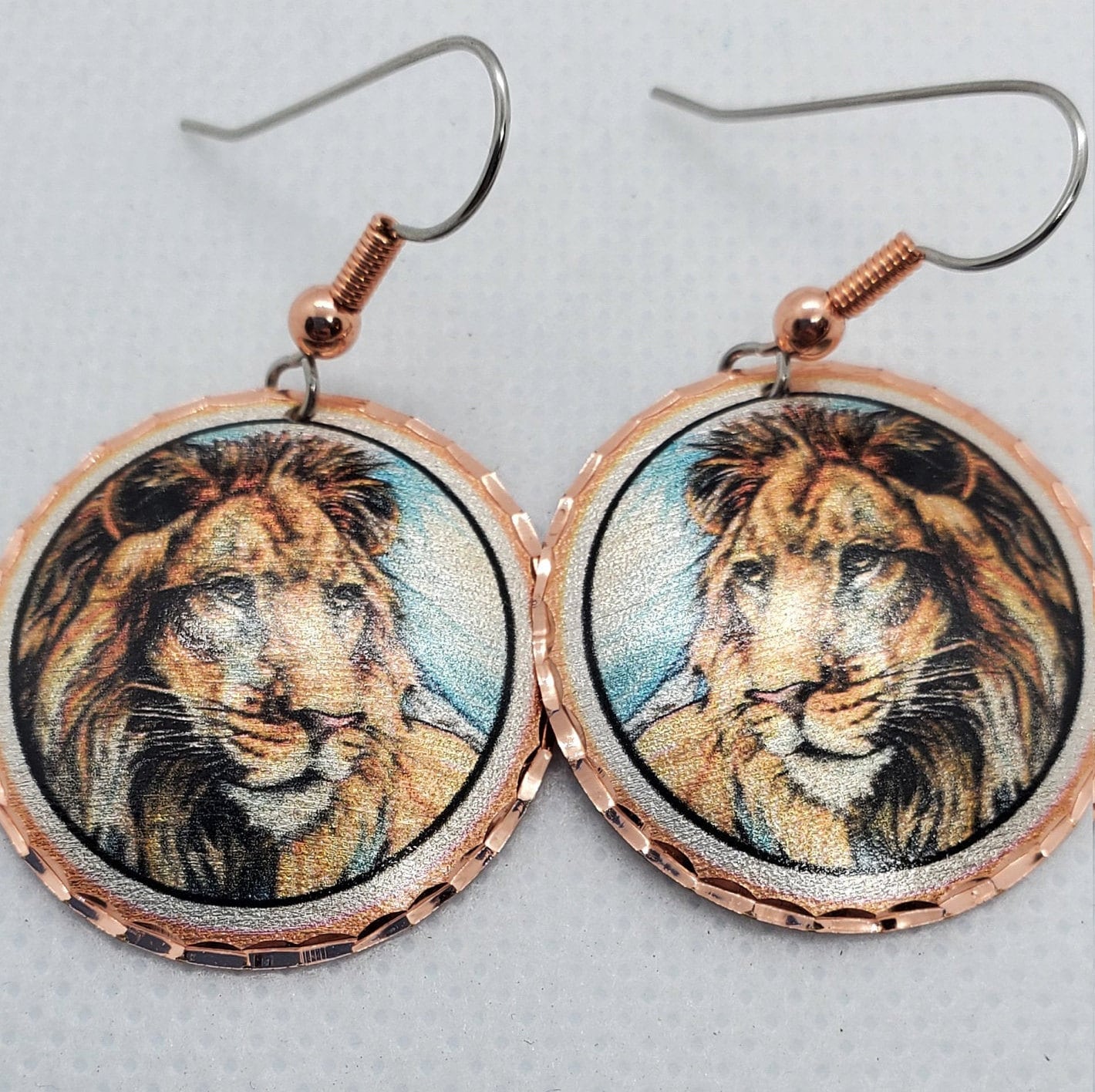 EA - Beautiful Lion COPPER earrings - Surgical Steel Hypo Allergenic Earwires.