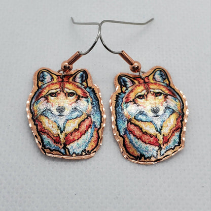 EA - Beautiful Wolf COPPER earrings - Surgical Steel Hypo Allergenic Earwires.