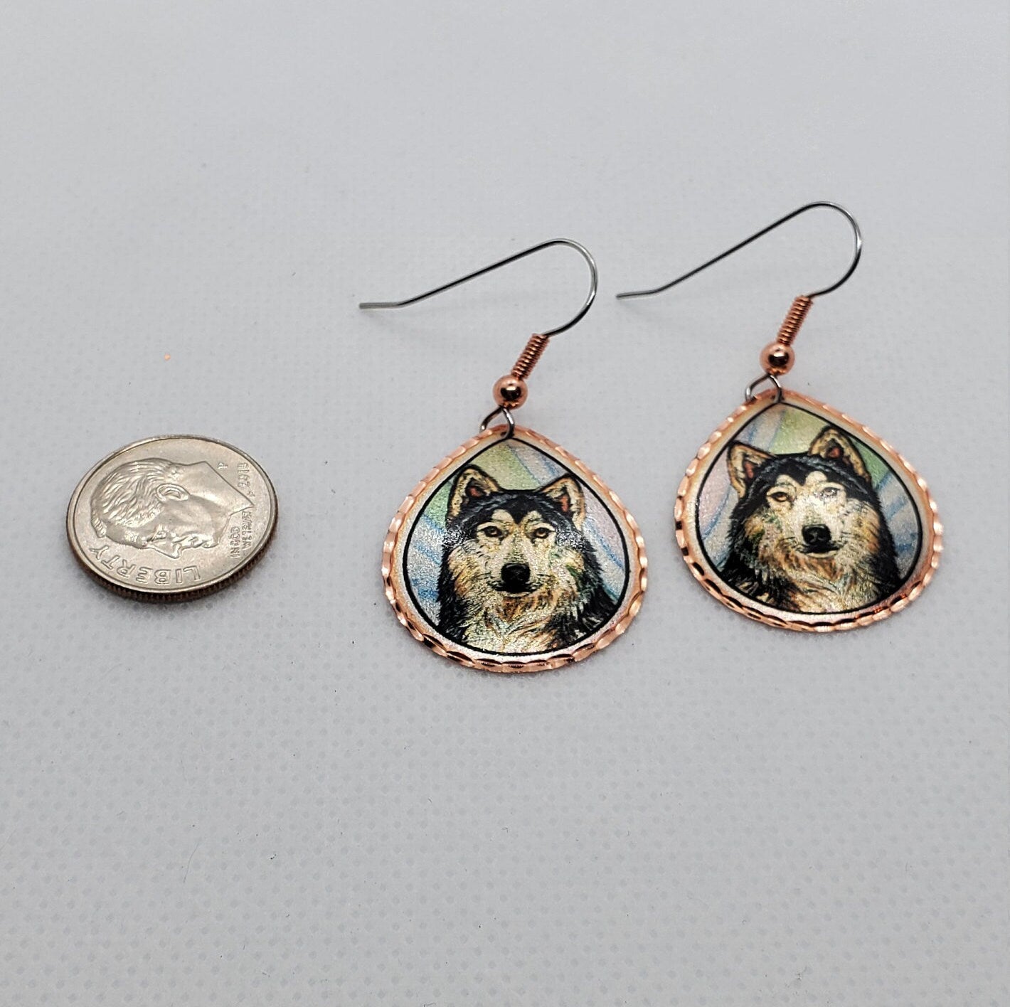 EA - Beautiful Wolf COPPER earrings - Surgical Steel Hypo Allergenic Earwires.