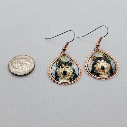 EA - Beautiful Wolf COPPER earrings - Surgical Steel Hypo Allergenic Earwires.