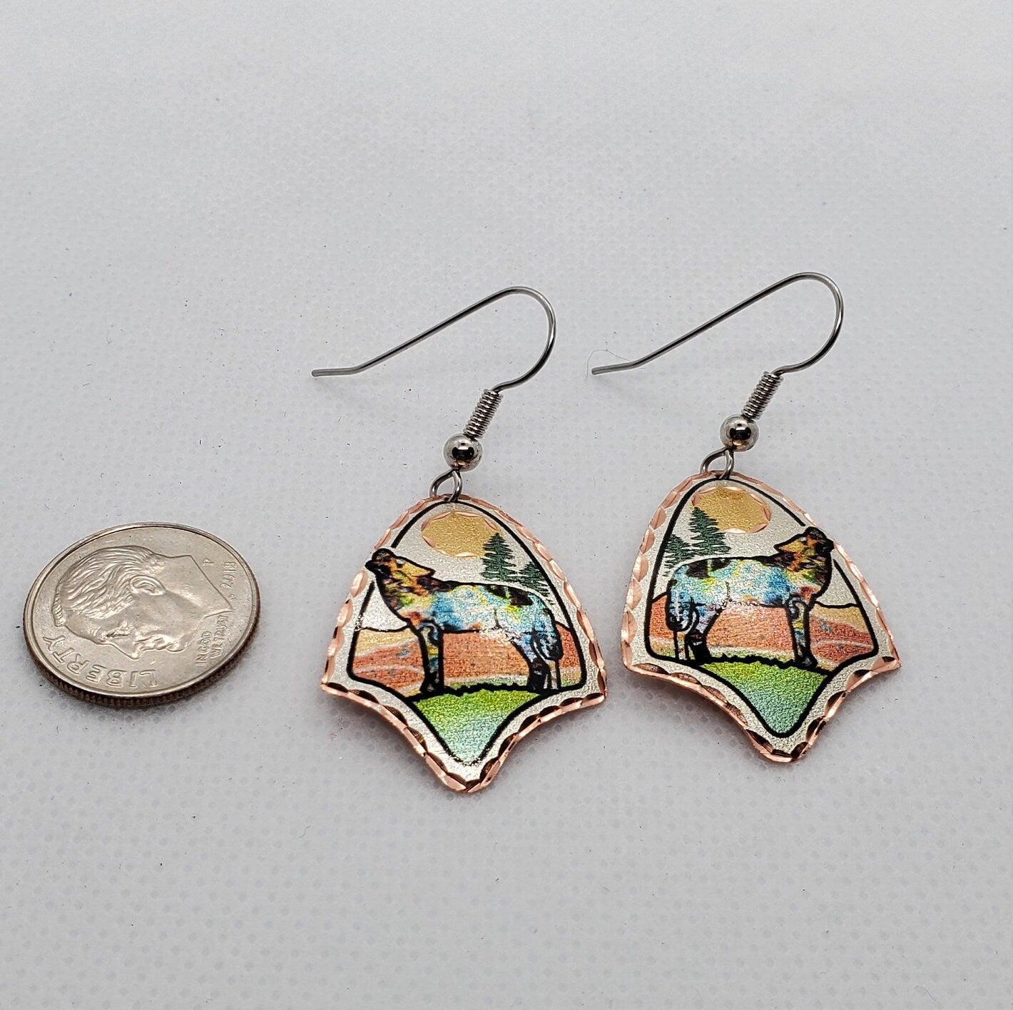 EA - Beautiful Wolf COPPER earrings - Surgical Steel Hypo Allergenic Earwires.