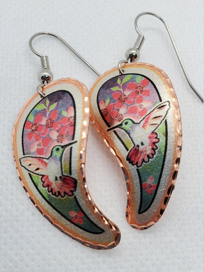 EA - Beautiful Hummingbird COPPER earrings - Surgical Steel Hypo Allergenic Earwires.