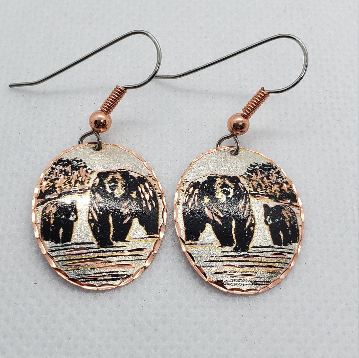 EA - Beautiful Bear with Bear Cub COPPER earrings - Surgical Steel Hypo Allergenic Earwires.