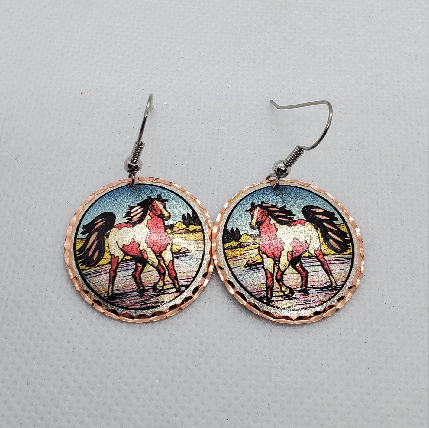 EA- Beautiful Horse COPPER earrings - Surgical Steel Hypo Allergenic Earwires.