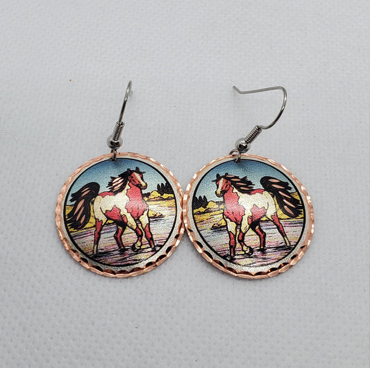 EA- Beautiful Horse COPPER earrings - Surgical Steel Hypo Allergenic Earwires.