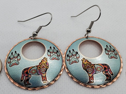 EA- Beautiful Wolf COPPER earrings - Surgical Steel Hypo Allergenic Earwires.