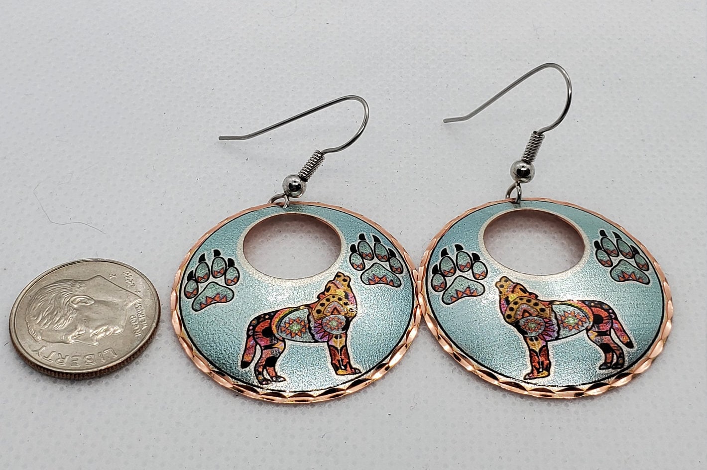 EA- Beautiful Wolf COPPER earrings - Surgical Steel Hypo Allergenic Earwires.