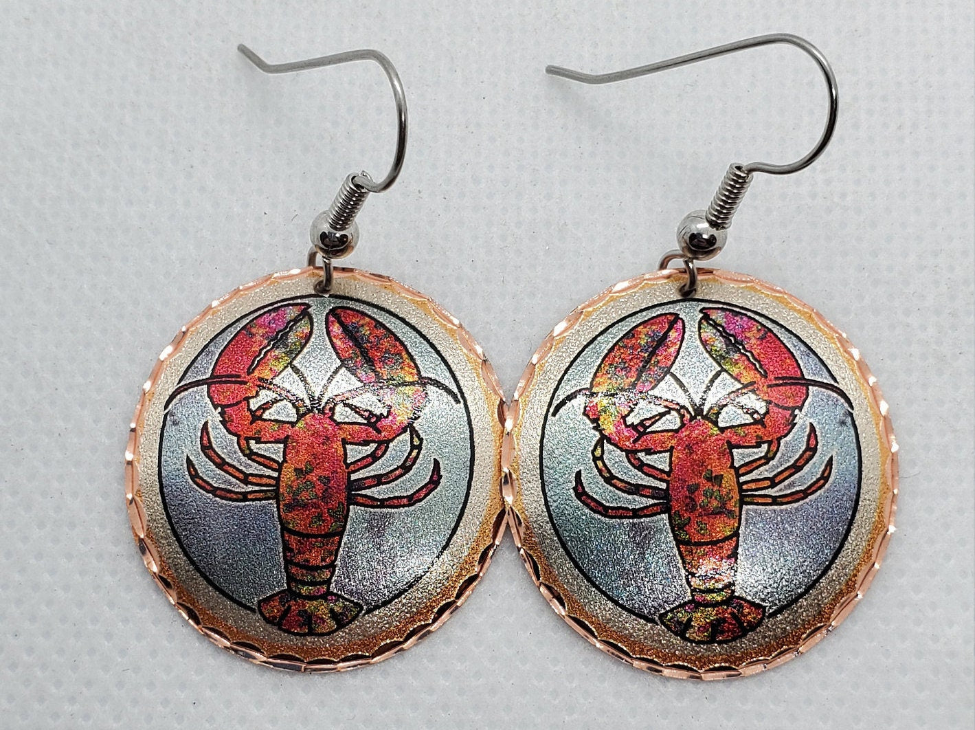 EA - Beautiful Lobster COPPER earrings - Surgical Steel Hypo Allergenic Earwires.