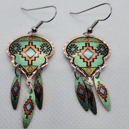 EA- Beautiful Dangle Colorful Native COPPER earrings - Surgical Steel Hypo Allergenic Earwires.