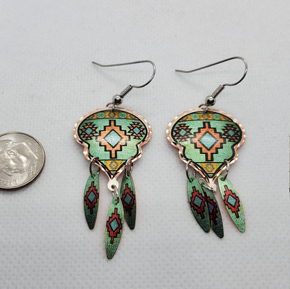 EA- Beautiful Dangle Colorful Native COPPER earrings - Surgical Steel Hypo Allergenic Earwires.