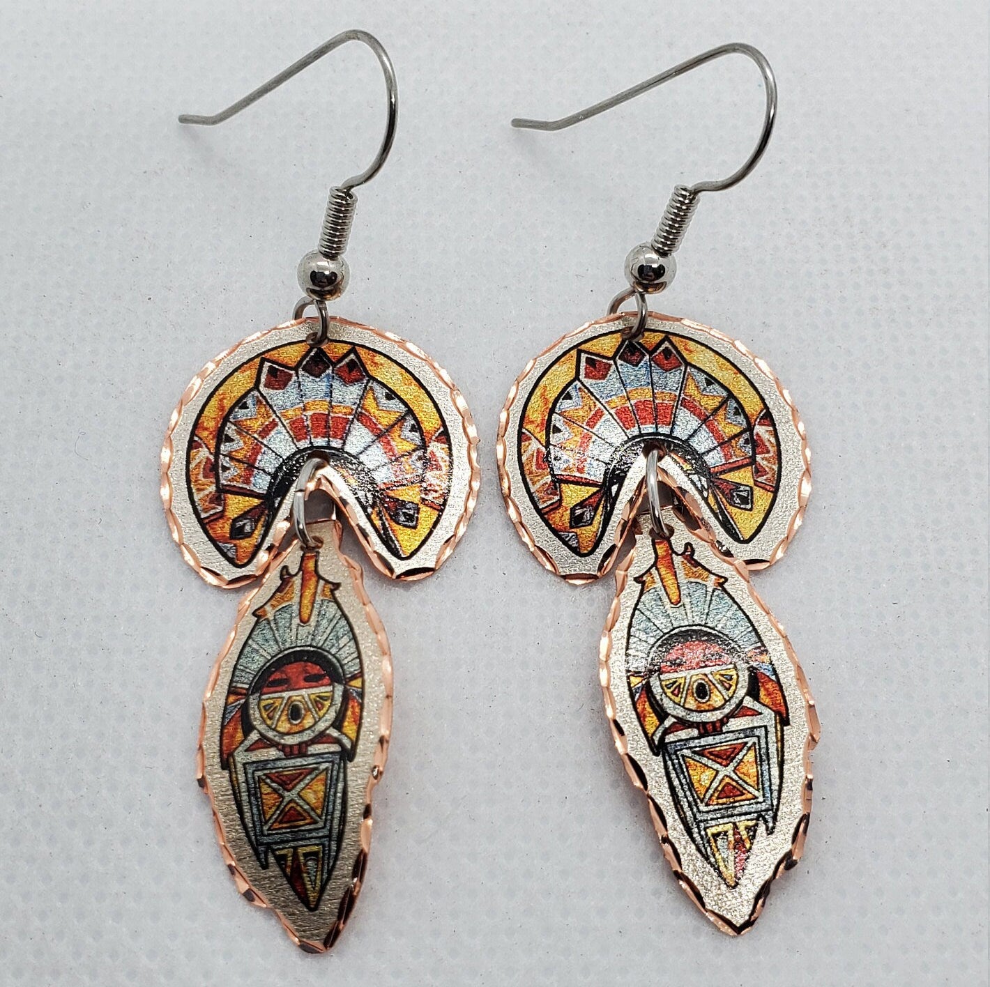 EA- Beautiful Dangle Sun Kachina COPPER earrings - Surgical Steel Hypo Allergenic Earwires.