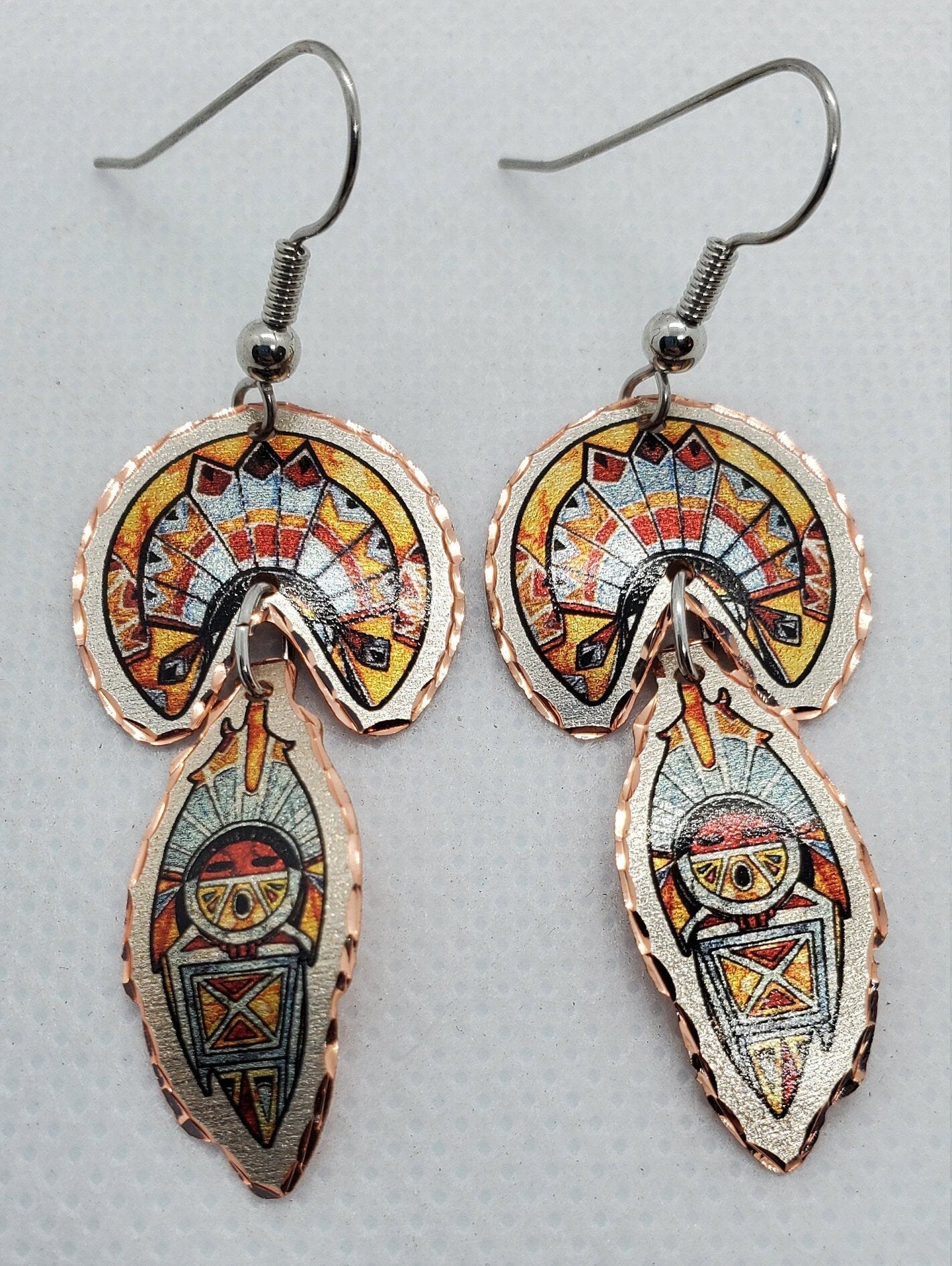 EA- Beautiful Dangle Sun Kachina COPPER earrings - Surgical Steel Hypo Allergenic Earwires.