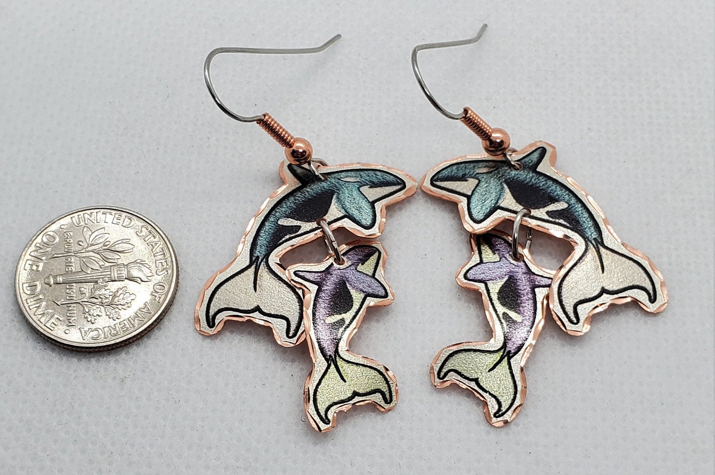 EA - Beautiful Cut Out Dangle Killer Whale COPPER earrings - Surgical Steel Hypo Allergenic Earwires.
