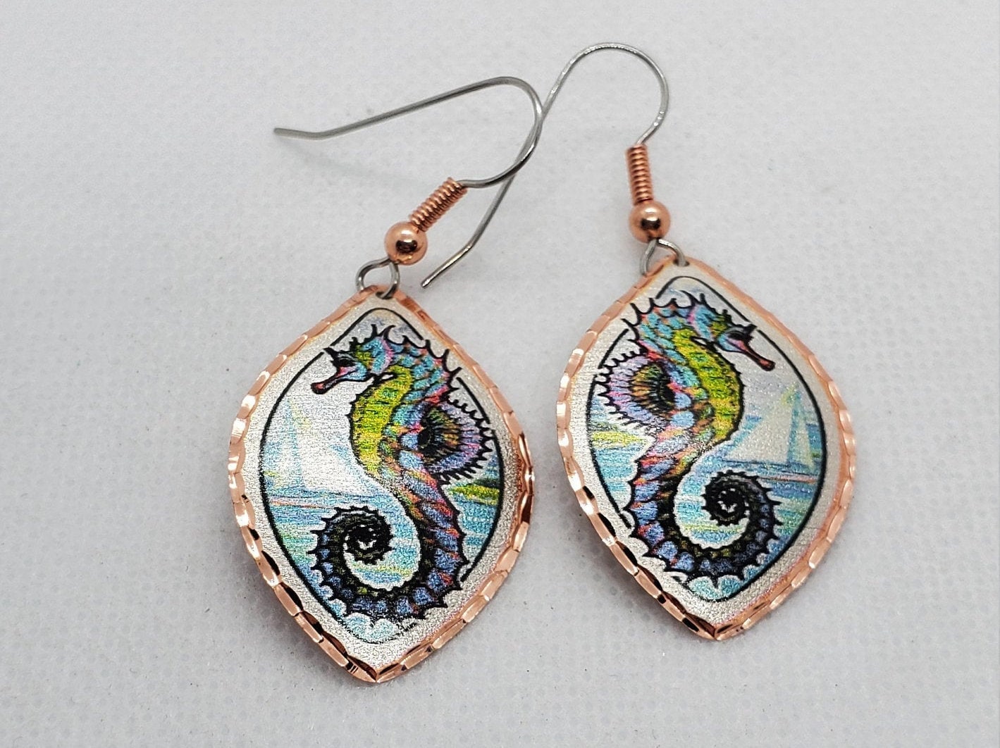 EA - Beautiful Seahorse COPPER earrings - Surgical Steel Hypo Allergenic Earwires.