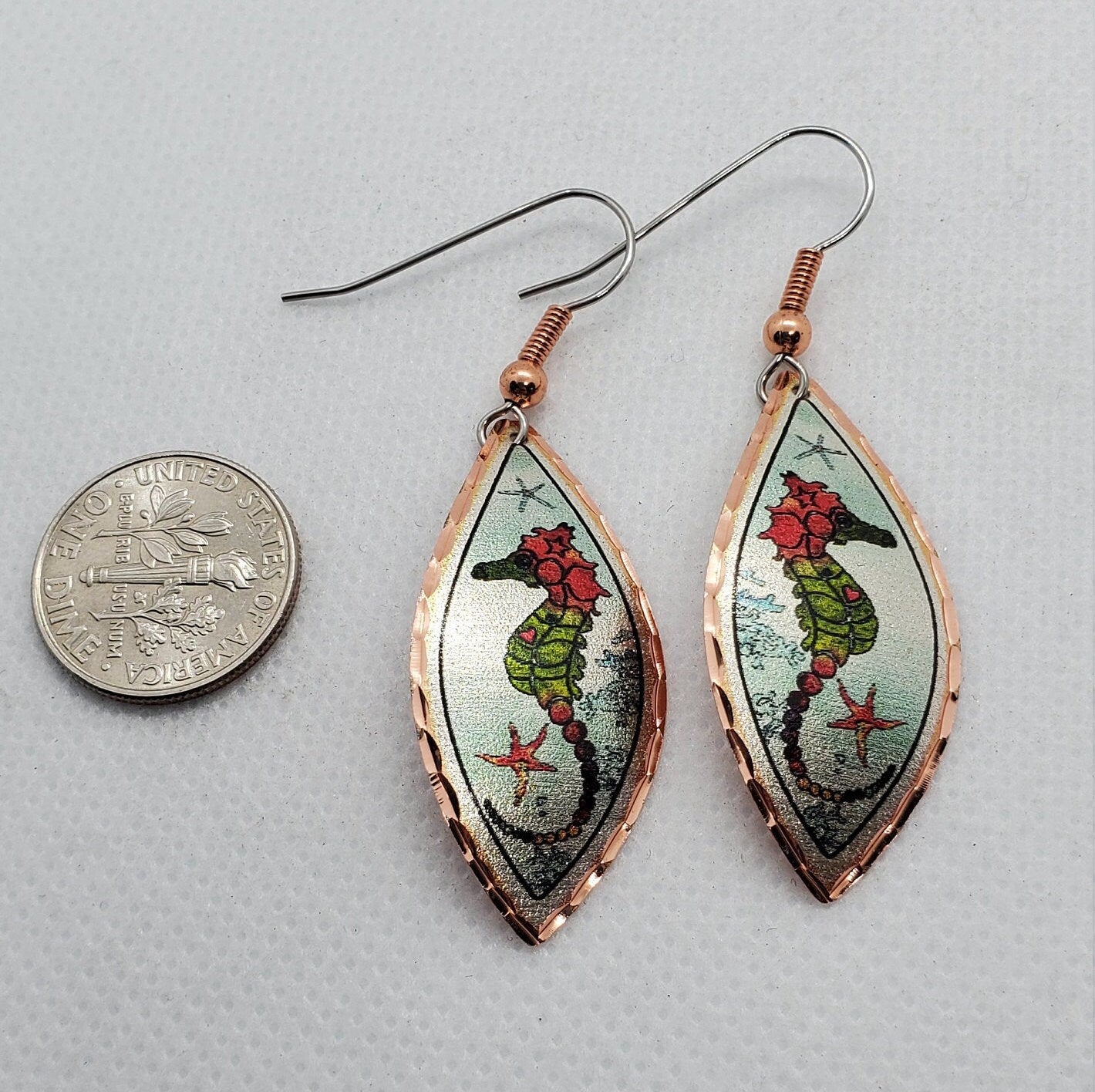 EA - Beautiful Seahorse COPPER earrings - Surgical Steel Hypo Allergenic Earwires.