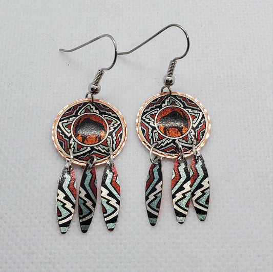 EA - Dangle Southwestern Buffalo - Beautiful COPPER earrings - Surgical Steel Hypo Allergenic Earwires.