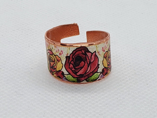 RI - Red & Yellow Roses Ring - Beautiful adjustable COPPER ring.