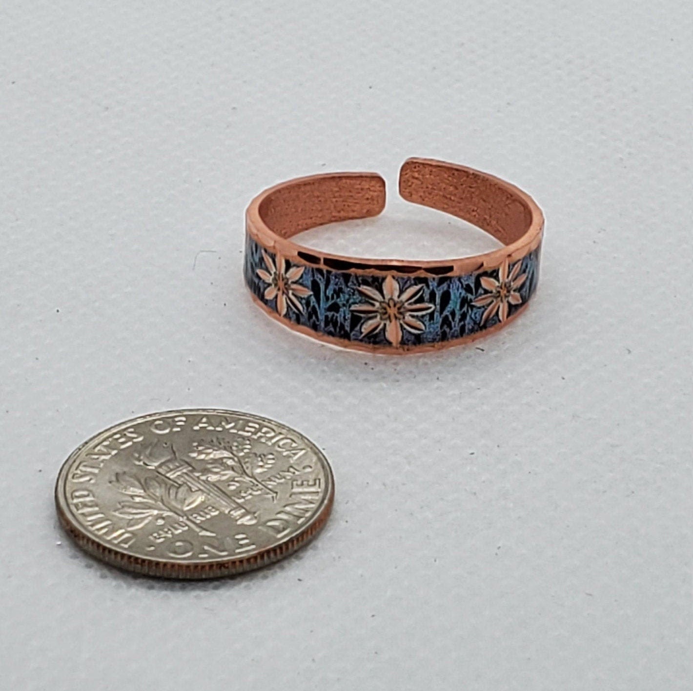 RI Blue Background Flower - Beautiful adjustable COPPER ring.