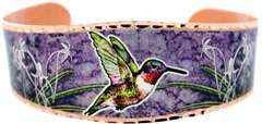 BR -Purple Background Hummingbird - Beautiful adjustable COPPER cuff bracelet.