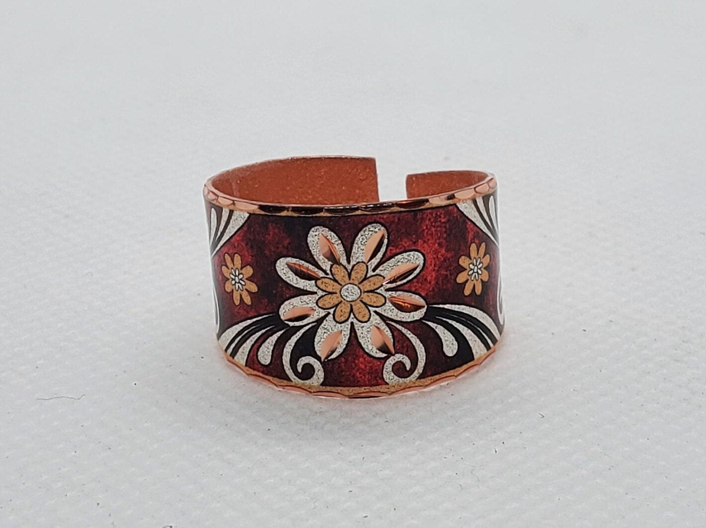 RI - Burgundy Flower Ring - Beautiful adjustable COPPER ring.