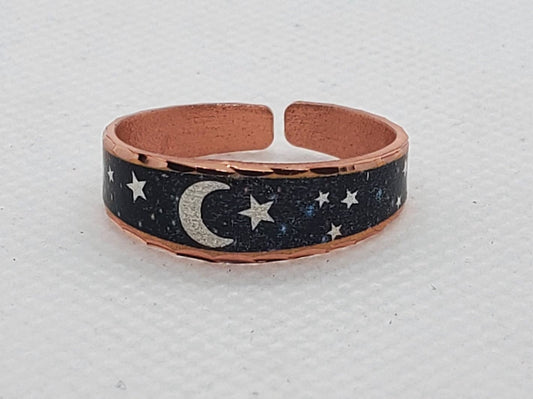 RI Galaxy Stars and Moon - Beautiful adjustable COPPER ring.