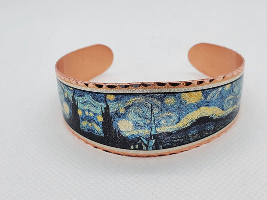 BR - Starry Night, Inspired by Van Gogh - Beautiful adjustable COPPER cuff bracelet.