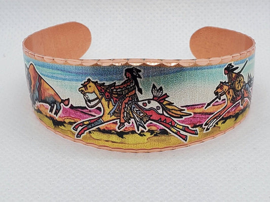 BR - American Indian Inspired Warrior & Buffalo - Beautiful adjustable COPPER cuff bracelet.