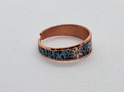 RI Blue Background Flower - Beautiful adjustable COPPER ring.