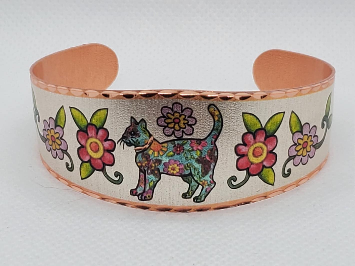 BR - Colorful Flowers & Cat Bracelet - Beautiful adjustable COPPER cuff bracelet.