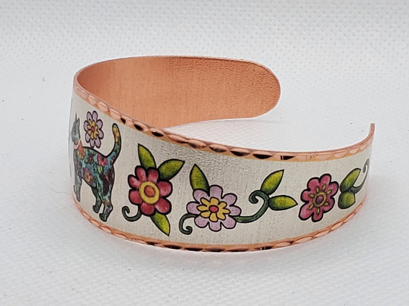 BR - Colorful Flowers & Cat Bracelet - Beautiful adjustable COPPER cuff bracelet.