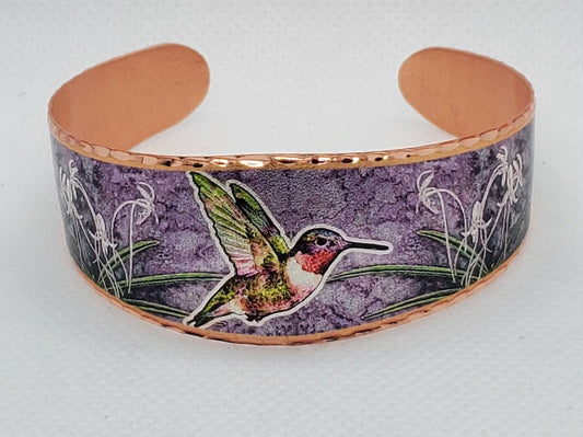 BR -Purple Background Hummingbird - Beautiful adjustable COPPER cuff bracelet.