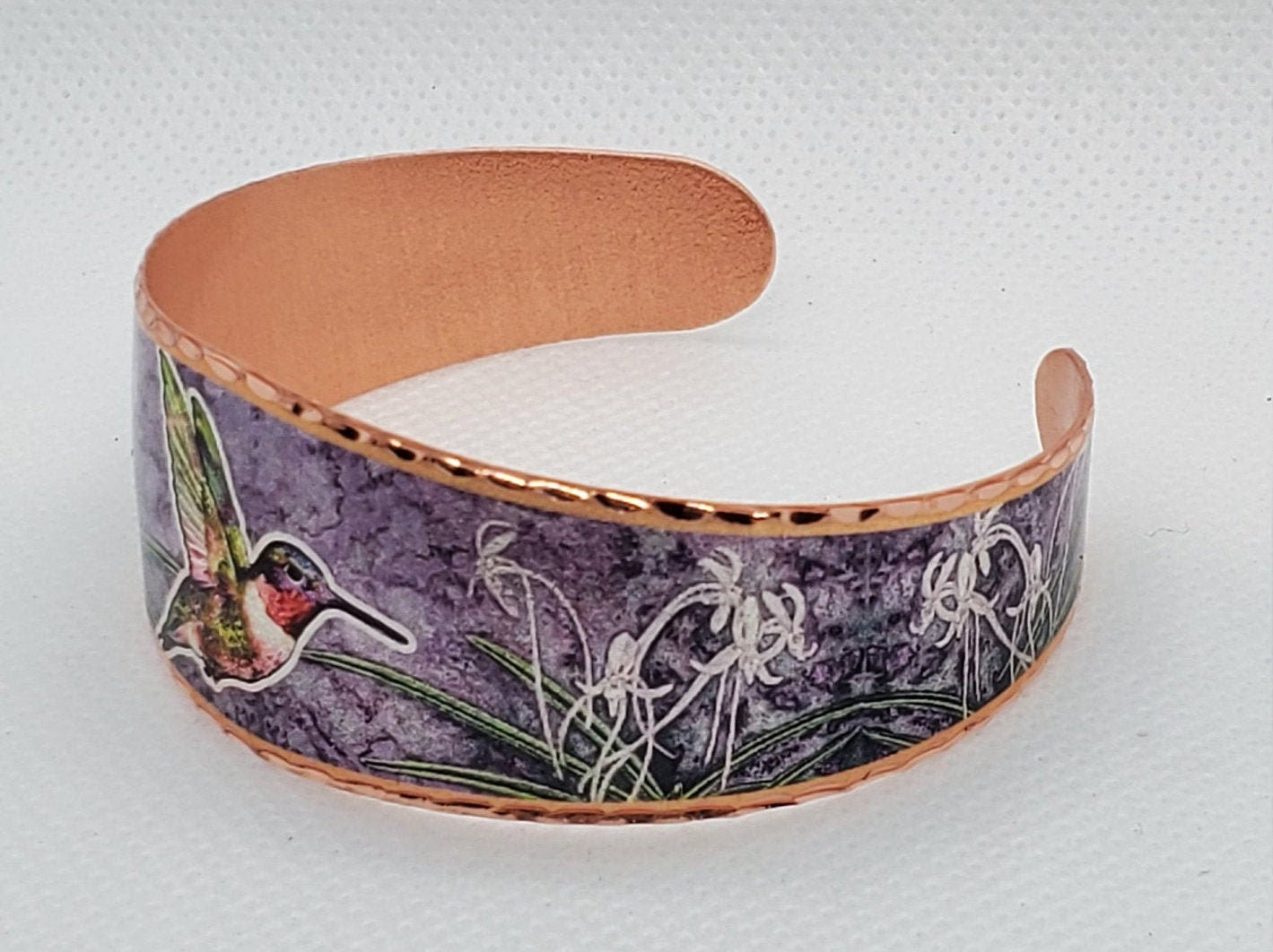 BR -Purple Background Hummingbird - Beautiful adjustable COPPER cuff bracelet.