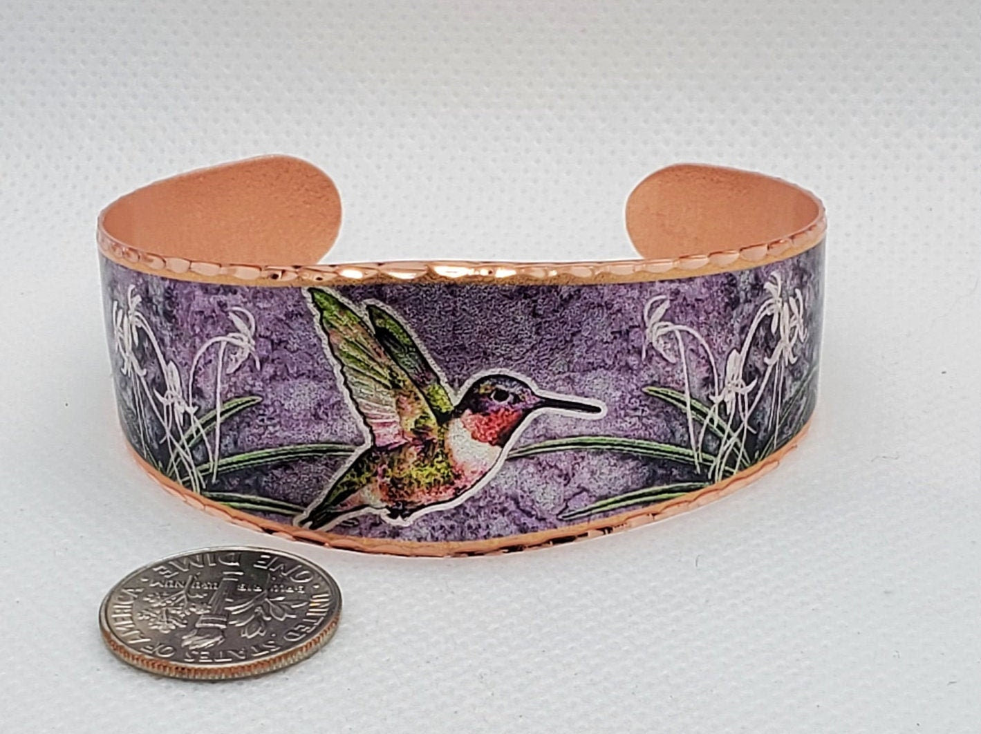 BR -Purple Background Hummingbird - Beautiful adjustable COPPER cuff bracelet.