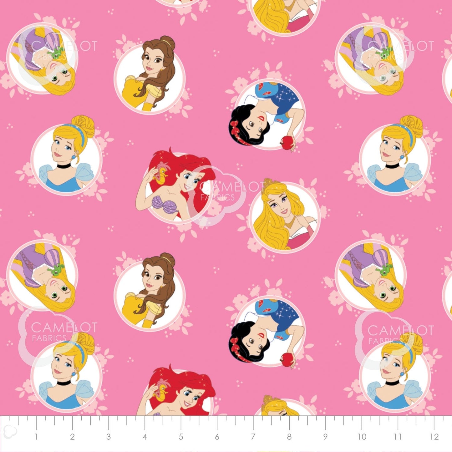 Forever Princess- Princess in Circles by the half yard. 100% Cotton. PRINCESS ARIEL, BELLE, Snow White, Cinderella, Rapunzel