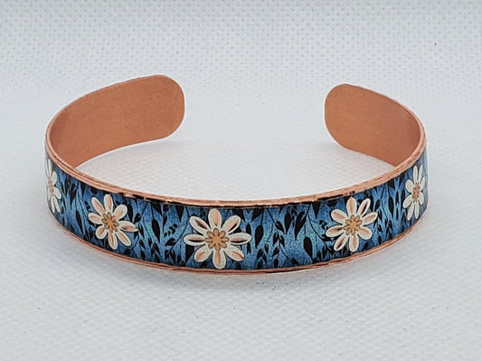 BR - Blue Flower Bracelet- Beautiful adjustable COPPER cuff bracelet.