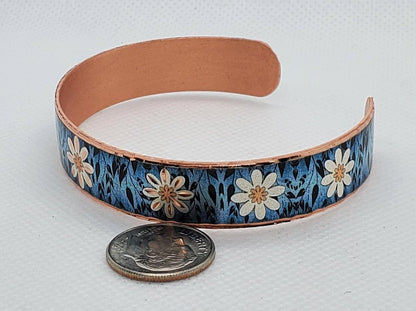 BR - Blue Flower Bracelet- Beautiful adjustable COPPER cuff bracelet.