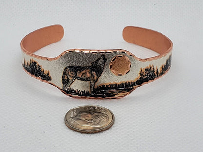 BR - Howling Wolf - Beautiful adjustable COPPER cuff bracelet.