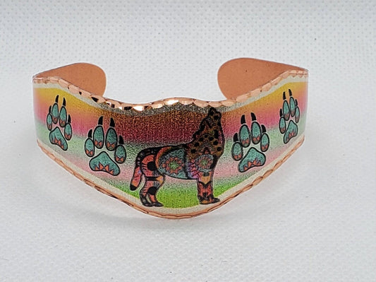 BR - Howling Wolf & Wolf Paws - Beautiful adjustable COPPER cuff bracelet.