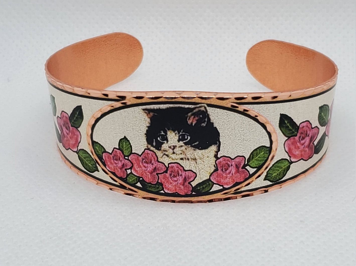 BR - Roses & Cat Bracelet - Beautiful adjustable COPPER cuff bracelet.