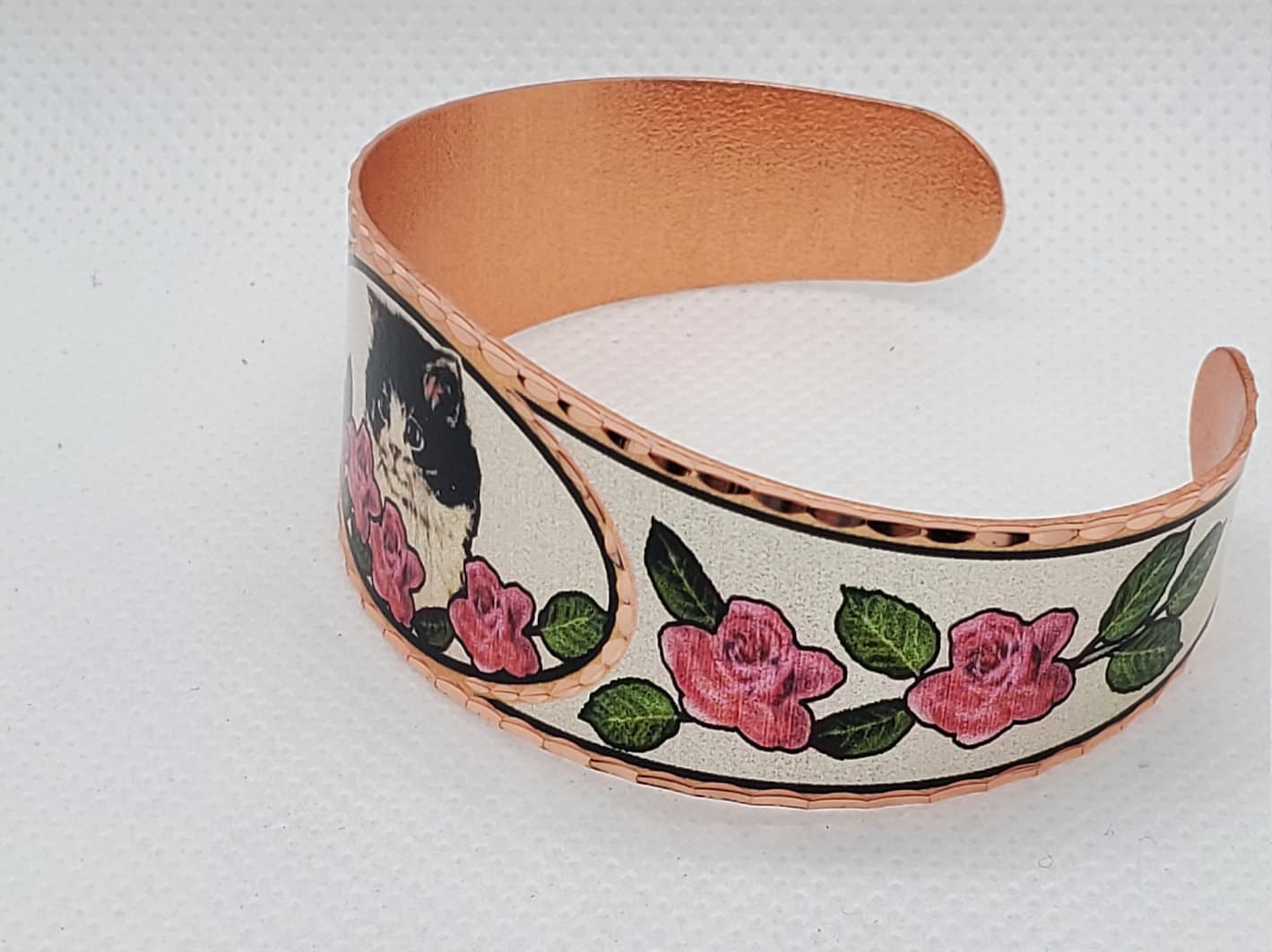 BR - Roses & Cat Bracelet - Beautiful adjustable COPPER cuff bracelet.