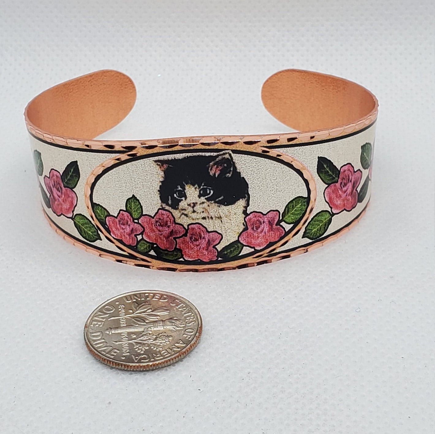 BR - Roses & Cat Bracelet - Beautiful adjustable COPPER cuff bracelet.