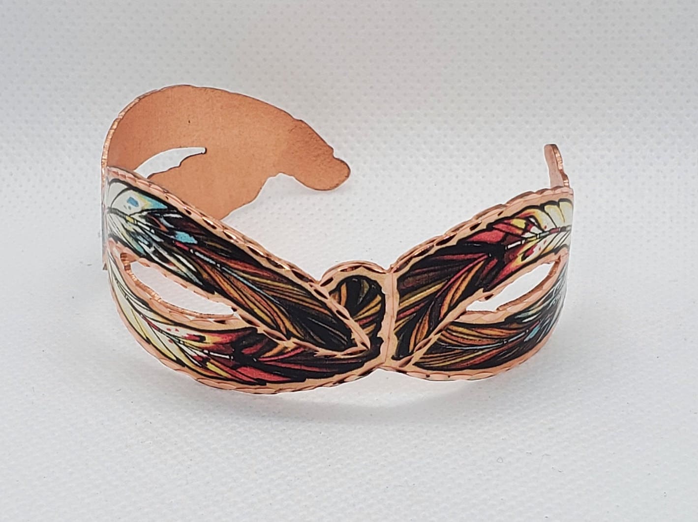 BR - Cut Out Colorful Copper Feather Bracelet - Beautiful adjustable COPPER cuff bracelet.