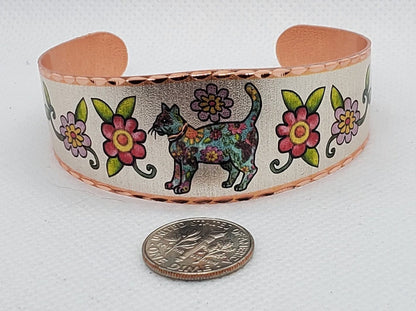 BR - Colorful Flowers & Cat Bracelet - Beautiful adjustable COPPER cuff bracelet.