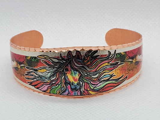 BR - Colorful Rainbow Horse Bracelet - Beautiful adjustable COPPER cuff bracelet.