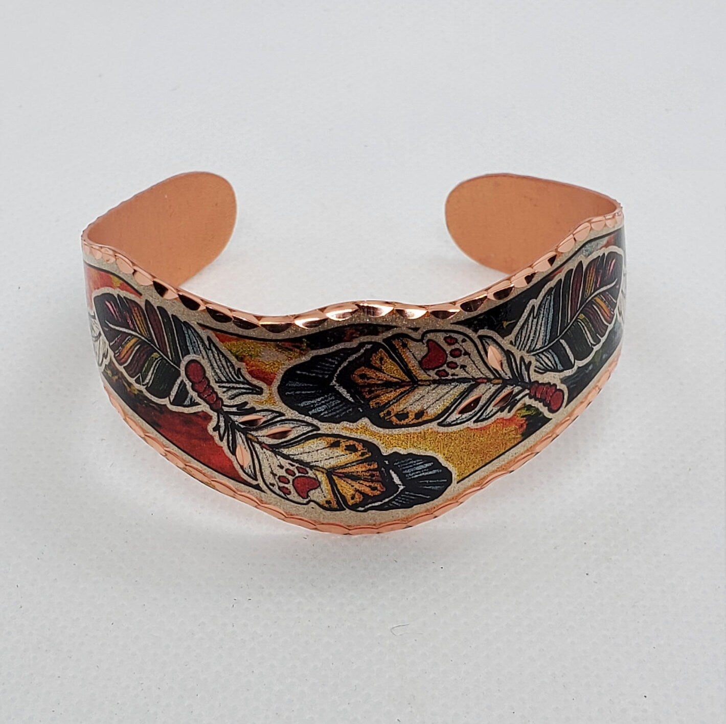 BR - Colorful Native Inspired Copper Feather - Beautiful adjustable COPPER cuff bracelet.