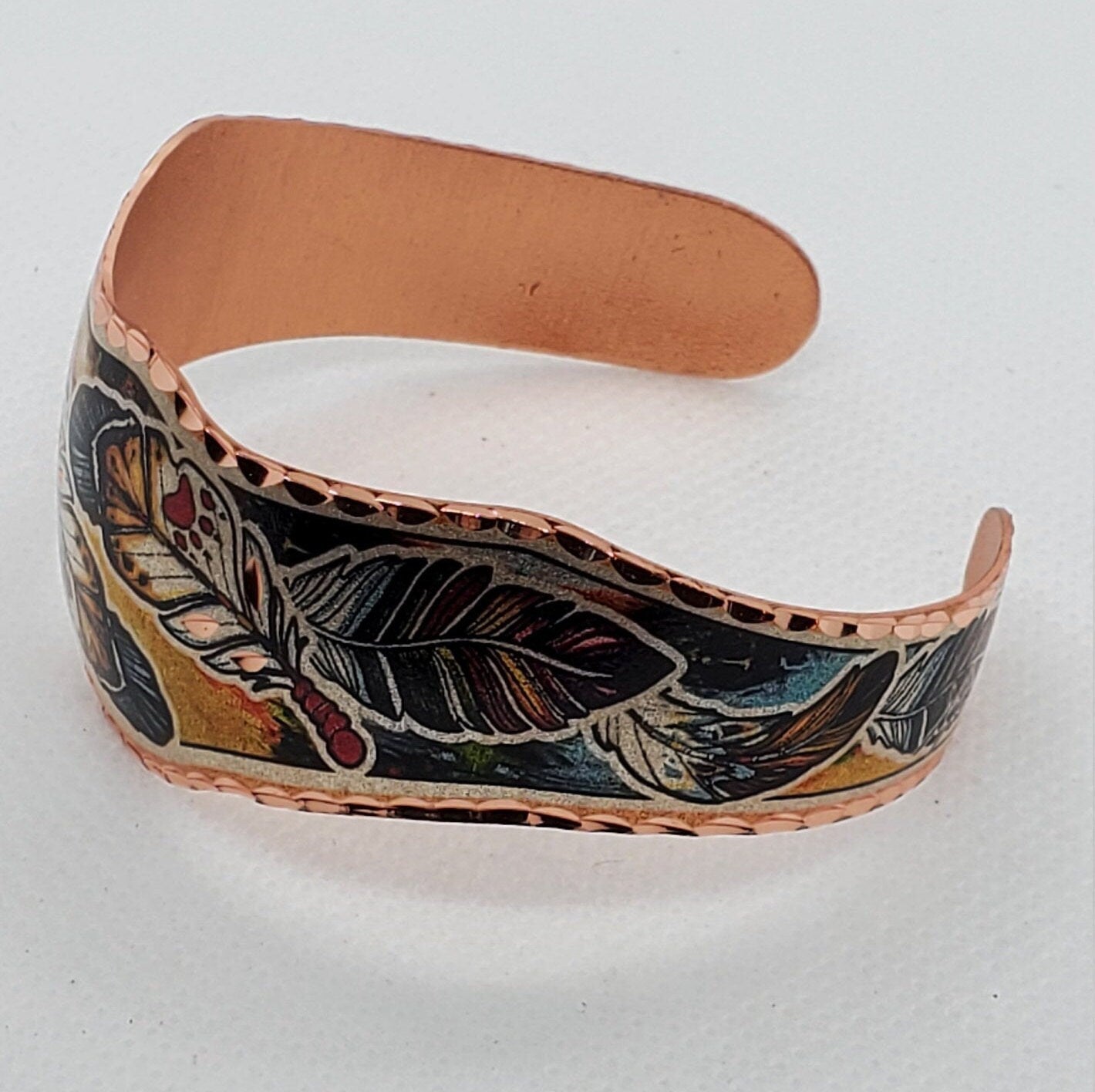 BR - Colorful Native Inspired Copper Feather - Beautiful adjustable COPPER cuff bracelet.