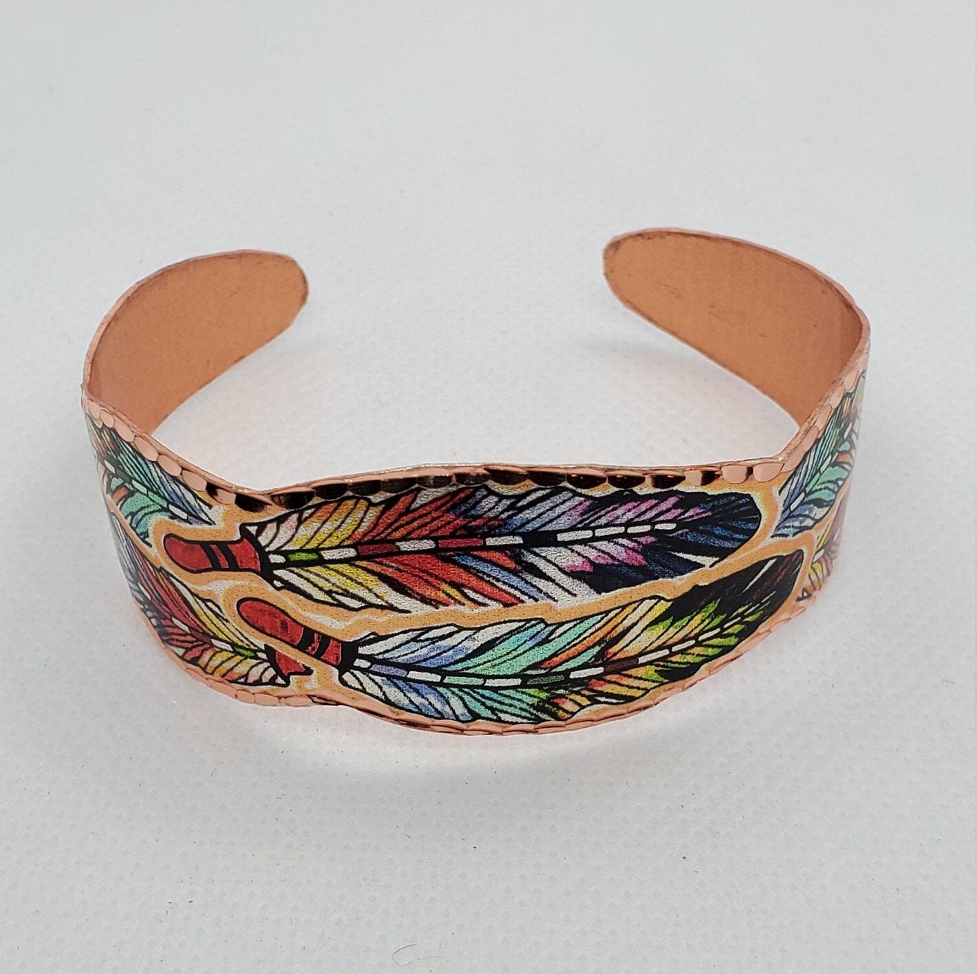 BR - Colorful Native Inspired Copper Feather - Beautiful adjustable COPPER cuff bracelet.