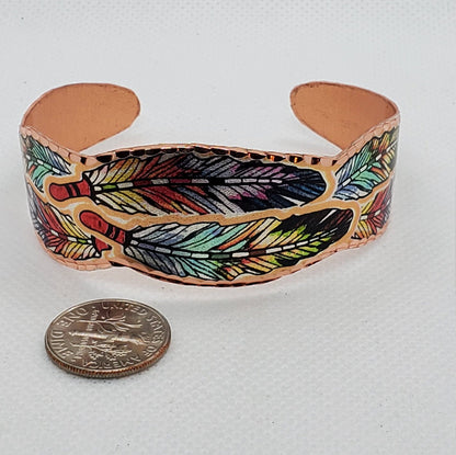 BR - Colorful Native Inspired Copper Feather - Beautiful adjustable COPPER cuff bracelet.