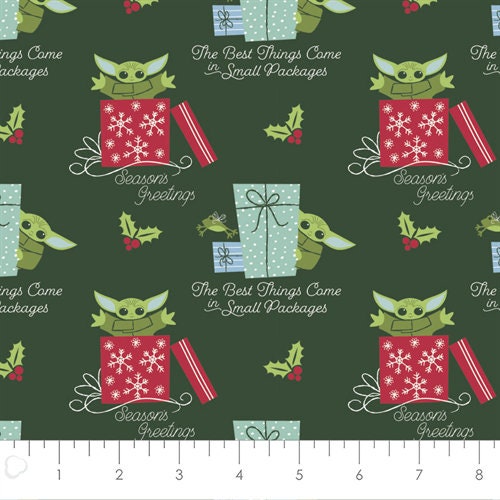 Baby YODA Star Wars small packages Christmas Fabric by the half yard. 100% cotton. CHRISTMAS MANDALORIAN