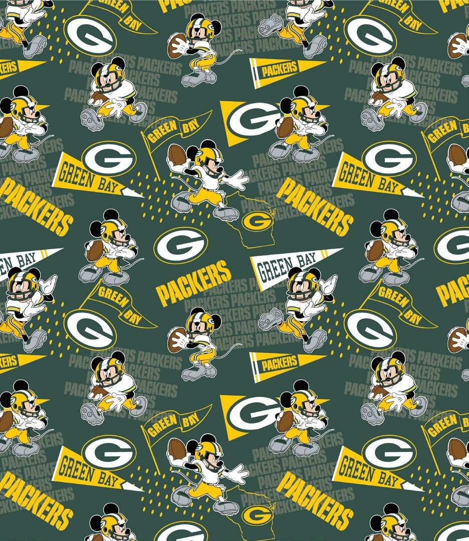 Disney Mash-Up Green Bay Packers Football Fabric by the half yard. 100% Cotton. PACKERS MICKEY FOOTBALL Limited Edition